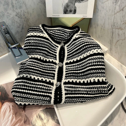 Load image into Gallery viewer, Korean Fashion Knitting Tops White Black Striped Knitted Sweater Hollow Out Women Short Sleeve Cardigan Female 2023  B-056
