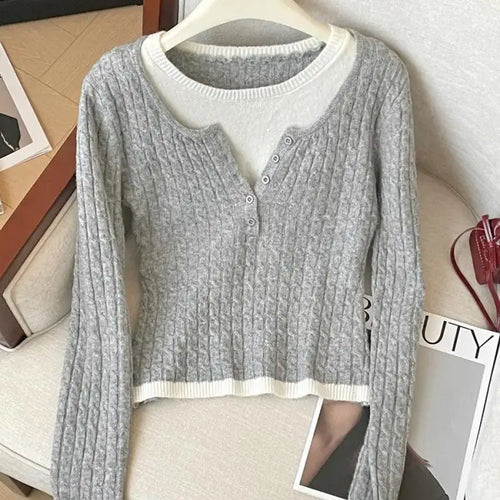 Load image into Gallery viewer, Korean Autumn Winter Patchwork Elegant Button Pullover Short Sweater Women's 2024 New Long Sleeved Knitted Tops Versatile Casual
