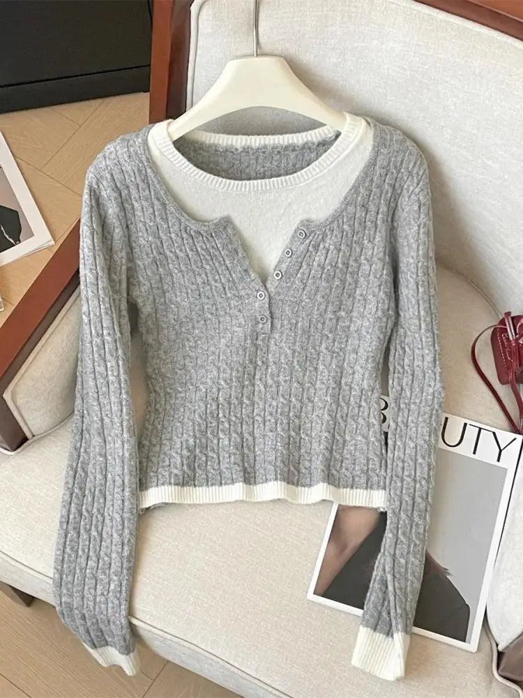 Korean Autumn Winter Patchwork Elegant Button Pullover Short Sweater Women's 2024 New Long Sleeved Knitted Tops Versatile Casual