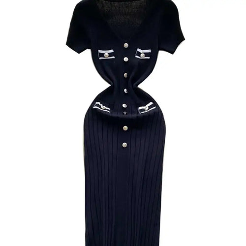 Load image into Gallery viewer, Korean Fashion Women's Solid V Neck Elegant Slim Short Sleeved Dress Summer Single Breasted Office Lady Holiday Knitted Dresses
