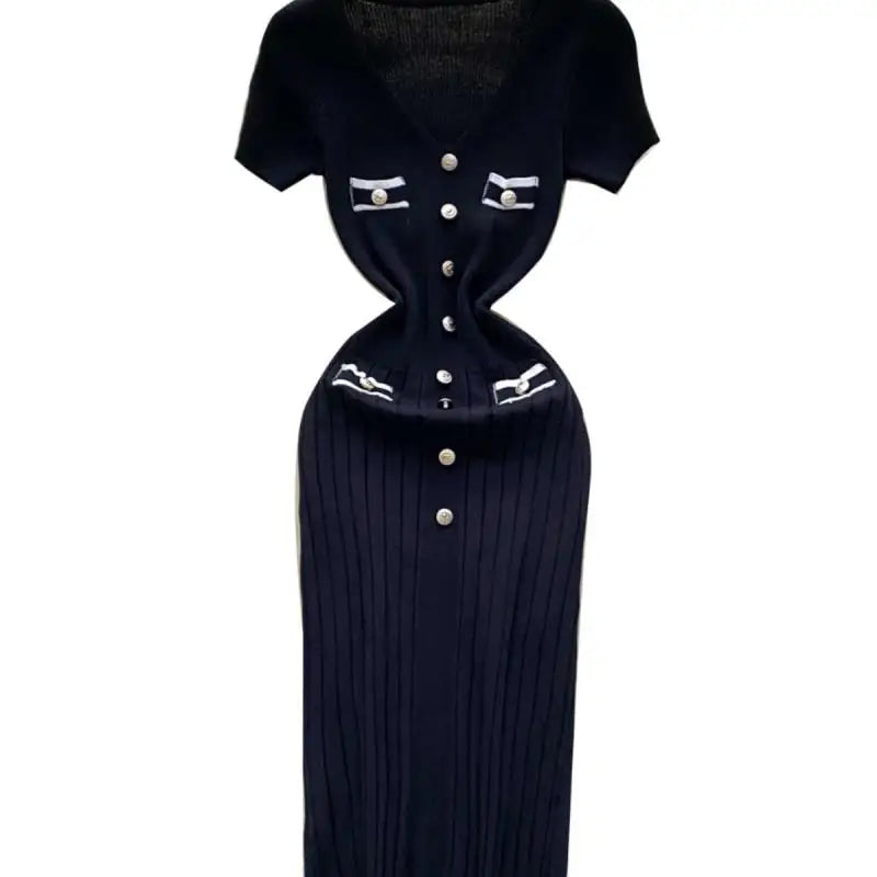 Korean Fashion Women's Solid V Neck Elegant Slim Short Sleeved Dress Summer Single Breasted Office Lady Holiday Knitted Dresses
