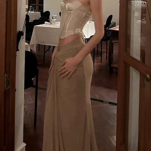 Load image into Gallery viewer, Slimming Sexy Two Piece Sets for Women Strapless Sleeveless Tunic Top High Waist Spliced Folds Long Skirt Set Female
