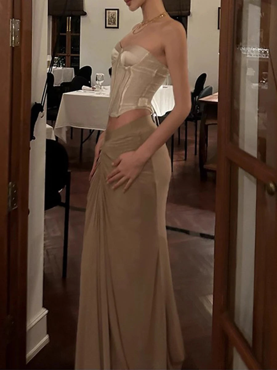 Slimming Sexy Two Piece Sets for Women Strapless Sleeveless Tunic Top High Waist Spliced Folds Long Skirt Set Female