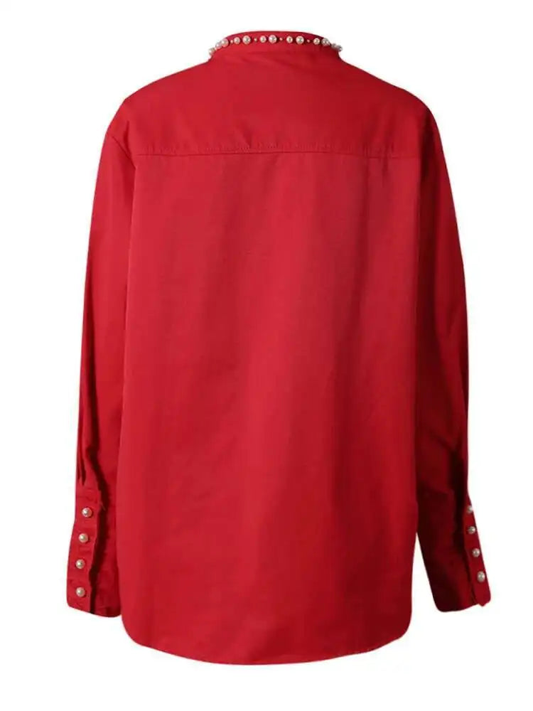 Women Red Pearl Nailed Elegant Big Size Blouse New Stand Collar Long Sleeve Shirt Fashion Tide Spring Autumn 2025 CPG2862