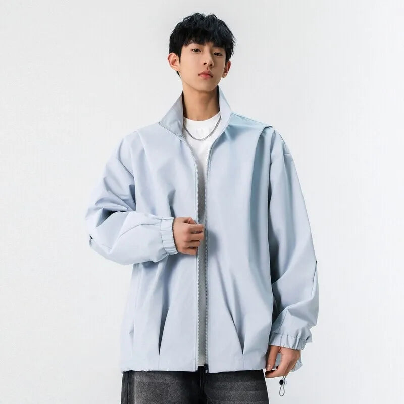 Korean Style Men's Jackets Casual Stand Collar Solid Color Fashion Pleated Design Outdoor Loose Male Coats Spring 9W1234