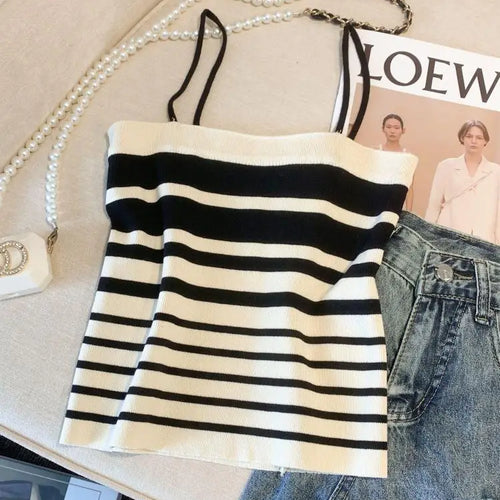 Load image into Gallery viewer, Retro Women Black White Striped Knit Crochet Top Summer Sexy Pink Patchwork Backless Single Breasted Short Spaghetti Strap Tops
