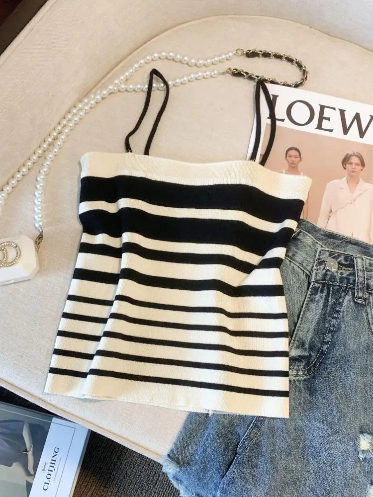 Retro Women Black White Striped Knit Crochet Top Summer Sexy Pink Patchwork Backless Single Breasted Short Spaghetti Strap Tops