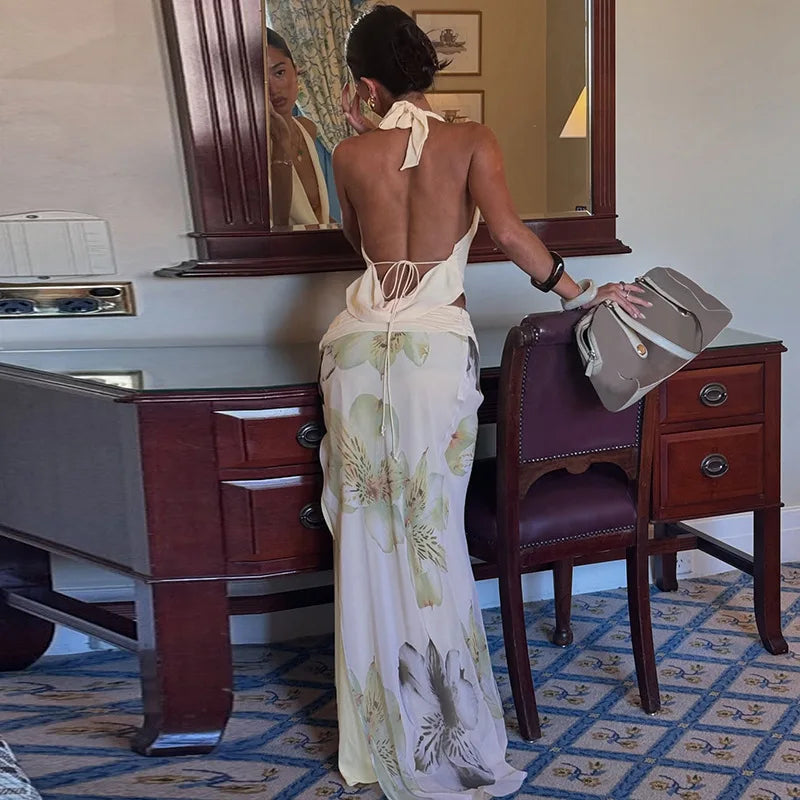 Mesh Print Skirt Two Piece Sets Women Halter Backless Tank Tops And Maxi Skirt Female Slim Summer Split Dress Sets