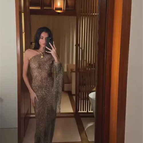 Load image into Gallery viewer, One Shoulder Leopard Print Maxi Dress Women Inclined Shoulder Backless Beach Holiday Vacation Club Sexy Long Dress

