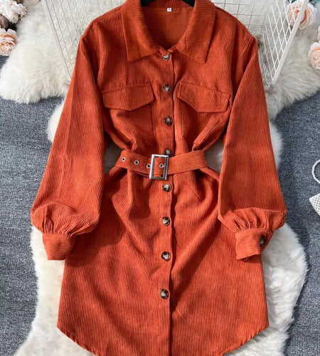 Autumn New Women's Pink Corduroy Dress Fashion Casual Green Lapel Long Sleeve Shirt Dress Vintage Orange Irregular Clothing