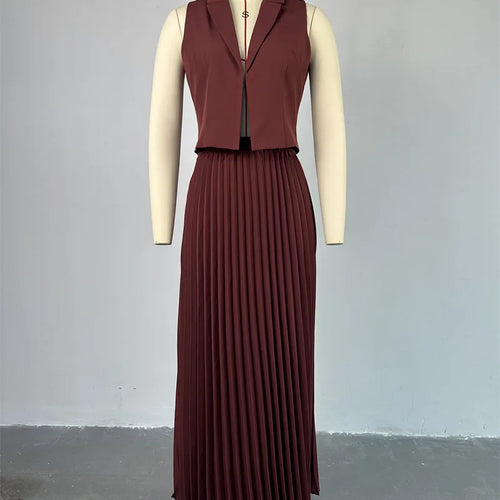 Load image into Gallery viewer, Fashion Skirt Two Piece Sets Women Notched Collar Sleeveless Crop Tops And Midi Skirt Femme Elegant Pleated Skirt Sets
