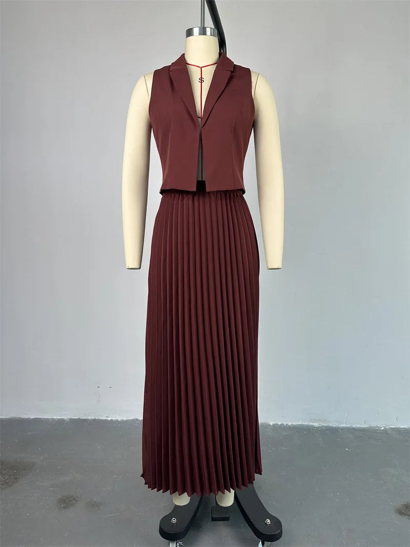 Fashion Skirt Two Piece Sets Women Notched Collar Sleeveless Crop Tops And Midi Skirt Femme Elegant Pleated Skirt Sets