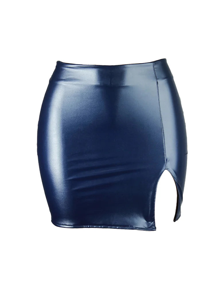 Women Leather Night Clubwear Skirts Summer Pure Color PU-leather Zipper Sexy Hip Leather Mini Skirts