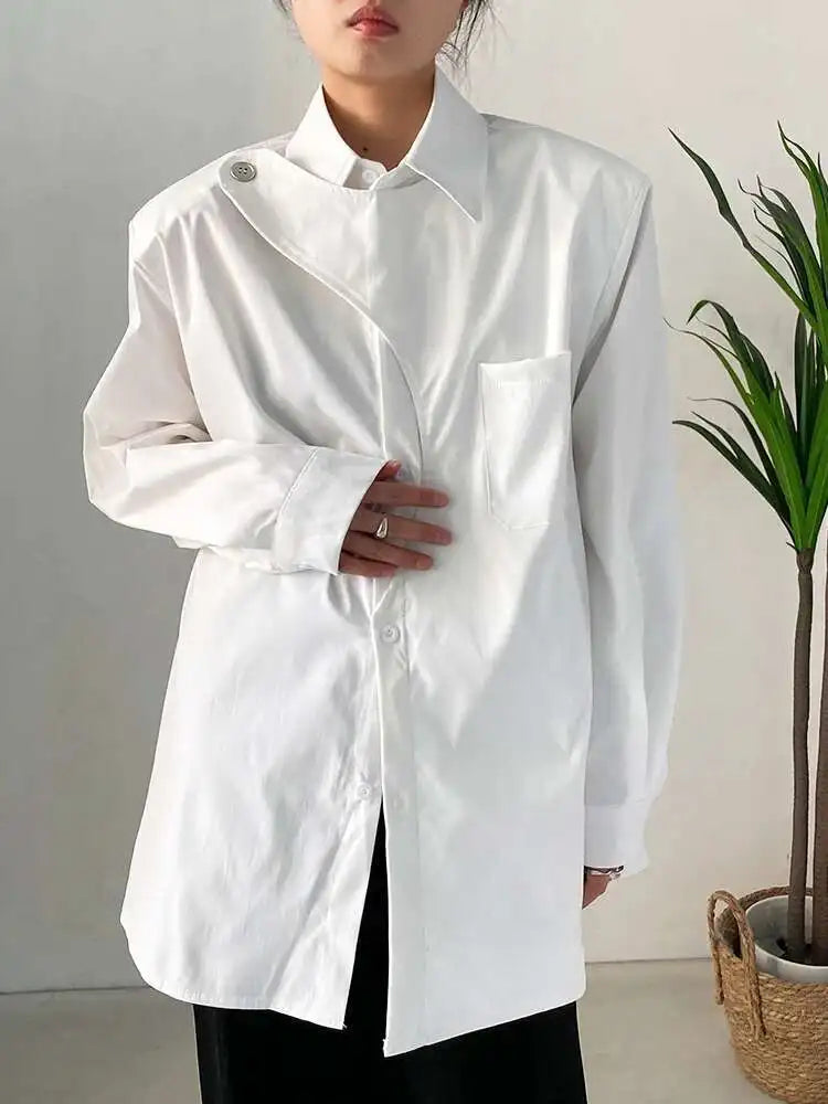 Women White Irregular Big Size Blouse New Lapel Long Sleeve Loose Fit Shirt Fashion Tide Spring Autumn 2025 1DF7024