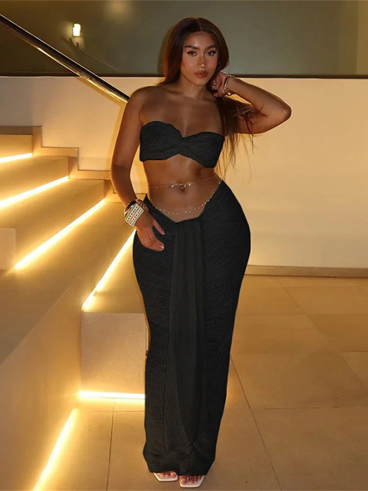 Stacked Folds Two Piece Set Women Elegant Solid Thin Strapless Chest Tops+Slim Skirts Female Streetwear Matching Suit