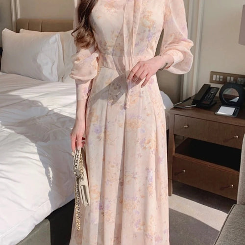 Load image into Gallery viewer, Jielur Spring Elegant V-Neck Midi Dress Female Long Sleeve Slim One Piece Dress Korean Fashion Vintage Floral Chiffon Dress Y2k
