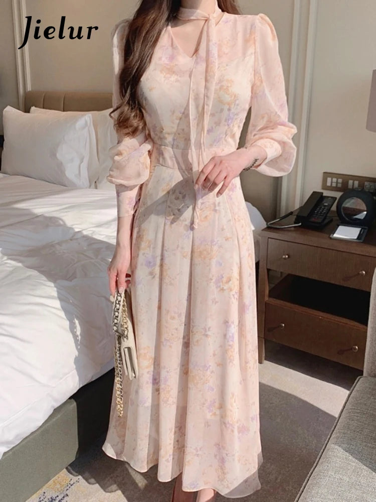 Jielur Spring Elegant V-Neck Midi Dress Female Long Sleeve Slim One Piece Dress Korean Fashion Vintage Floral Chiffon Dress Y2k