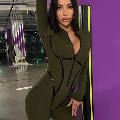 Load image into Gallery viewer, Sexy Zipper Women Jumpsuit Long Sleeve Bandage Tights Solid Jumpsuits Female Party Bodycon Stretch Sporty &amp; Leisure

