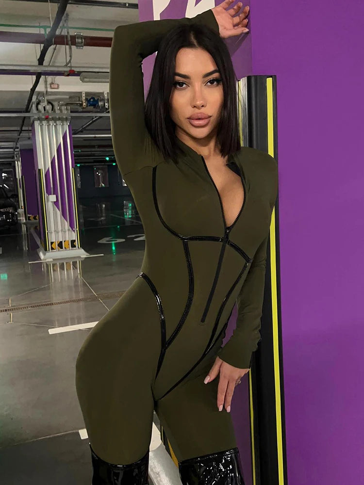 Sexy Zipper Women Jumpsuit Long Sleeve Bandage Tights Solid Jumpsuits Female Party Bodycon Stretch Sporty & Leisure