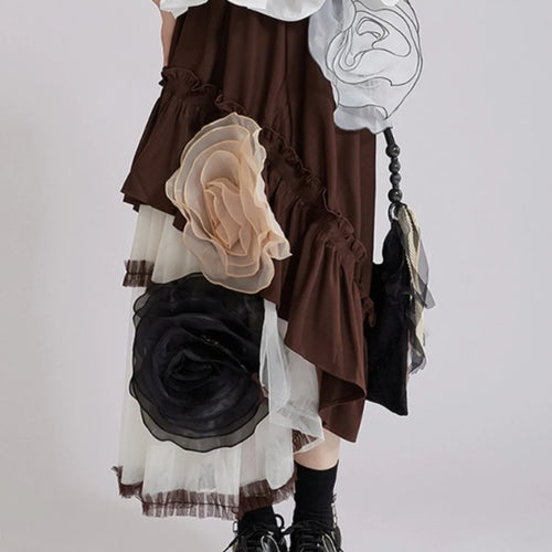 Load image into Gallery viewer, Hit Color Sheer Spliced Mesh Irregular Skirts for Women High Waist Patchwork 3D Flower Design Sense Skirt Female
