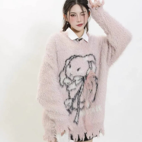 Load image into Gallery viewer, Y2k Aesthetic Women Sweet Cartoon Jacquard Sweaters New Grunge Vintage Bow Hole Jumpers Loose Knitted Harajuku Pullovers Female

