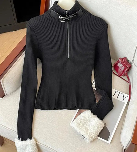 Autumn Winter 2025 Black Half Zipper Pullover Fashion Short Sweater Women Beige Long Sleeve Office Knitwear Warm Tops Clothing