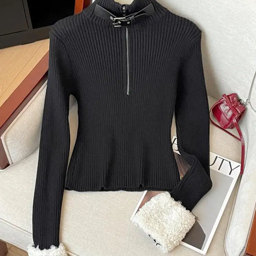 Load image into Gallery viewer, Autumn Winter 2025 Black Half Zipper Pullover Fashion Short Sweater Women Beige Long Sleeve Office Knitwear Warm Tops Clothing
