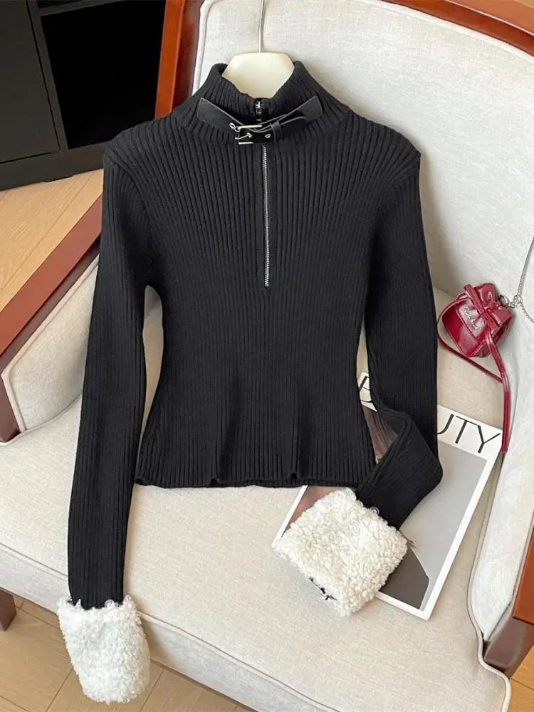 Korean Fashion Autumn Winter Black Elegant Long Sleeves Knit Sweater Women's Beige Half Zipper Pullover Short Tops Popular Trend