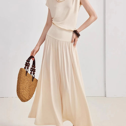 Load image into Gallery viewer, Solid Loose Casual Long Dresses for Women Swinging Neck Sleeveless Low Waist Patchwork Folds Elegant Dress Female
