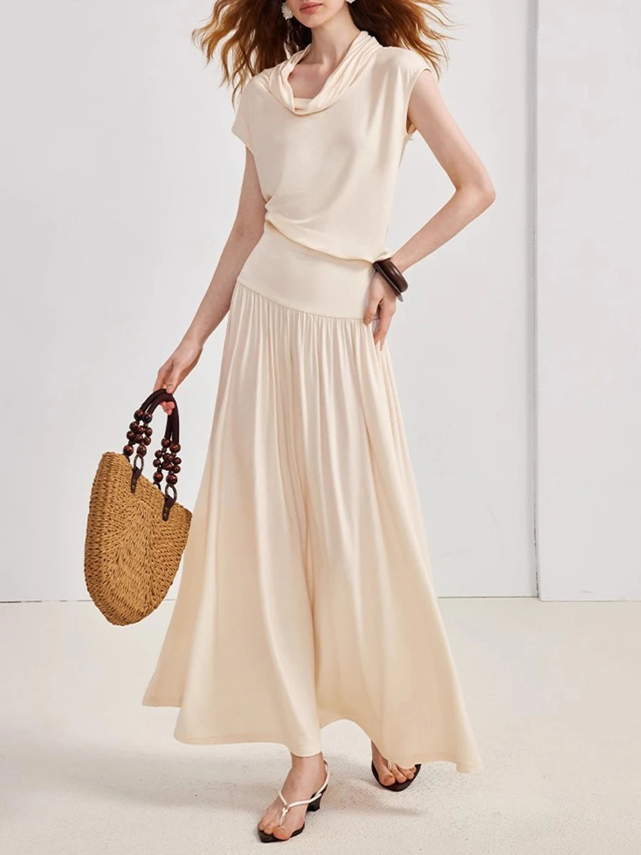 Solid Loose Casual Long Dresses for Women Swinging Neck Sleeveless Low Waist Patchwork Folds Elegant Dress Female