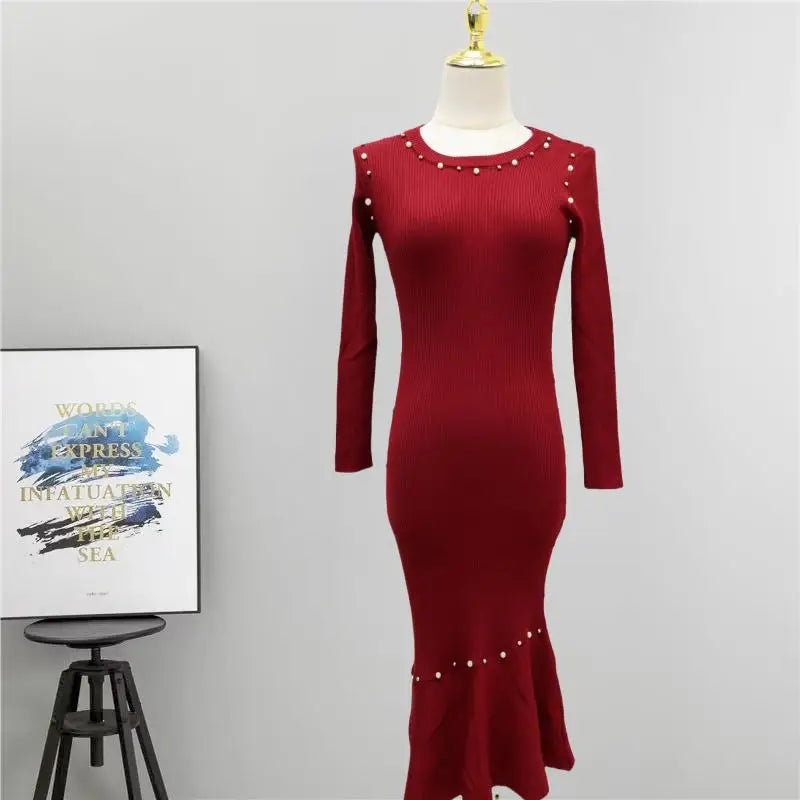 Vintage Women's Autumn Winter Solid Pearl Temperament Long Sleeved Knit Dress French Round Neck Festival Fashion Fishtail Dress