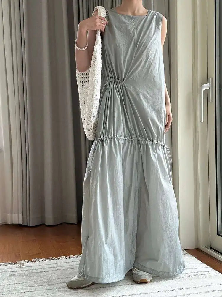 Women White Gray Big Size Long Elegant Thin Dress New Square Collar Sleeveless Fashion Tide Spring Summer 2025 1DH6054