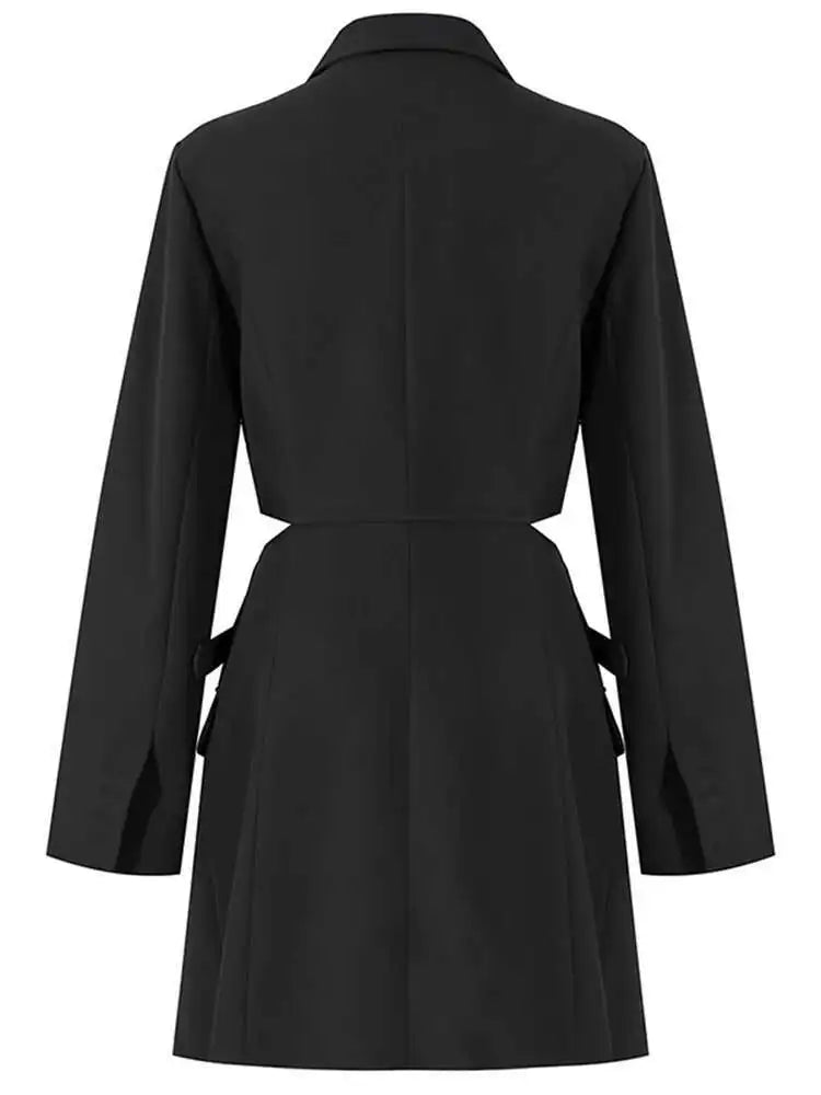 Women Blue Cross Buckle Hollow Out Blazer Dress New Lapel Long Sleeve Loose Fit Fashion Tide Spring Autumn 2025 1DE3323