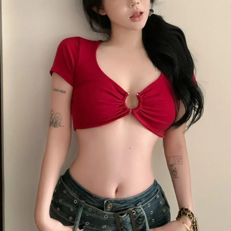 y2k Crop Tops Women Summer Clothes Sexy Solid Color Metal Ring Short Sleeve Padded T Shirts 2000s Clothing Streetwear