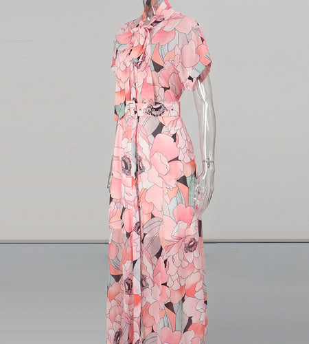 Fashion Printing Spliced Belt Long Dresses for Women Bowknot Neck Sleevesless Temperament Dress Female Clothing New