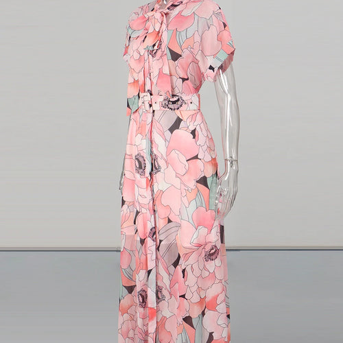 Load image into Gallery viewer, Fashion Printing Spliced Belt Long Dresses for Women Bowknot Neck Sleevesless Temperament Dress Female Clothing New
