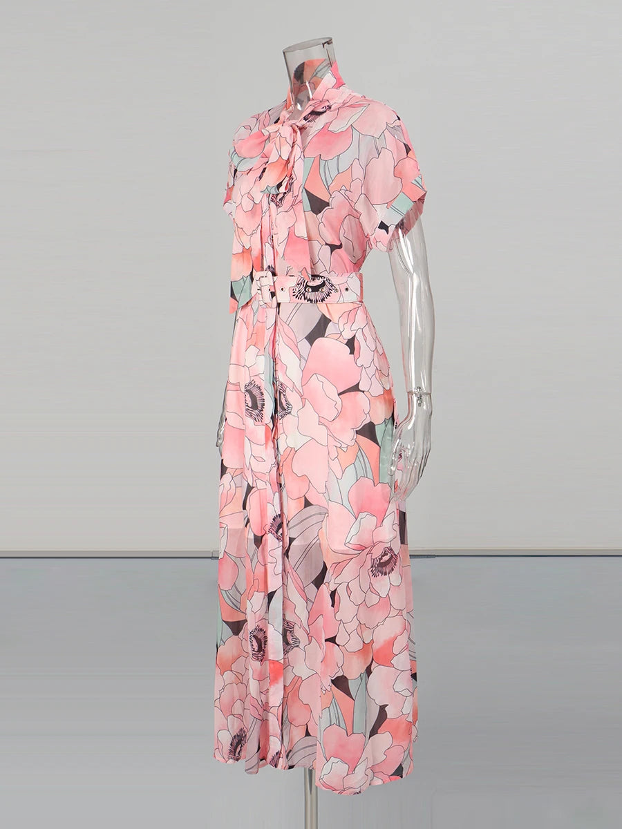 Fashion Printing Spliced Belt Long Dresses for Women Bowknot Neck Sleevesless Temperament Dress Female Clothing New