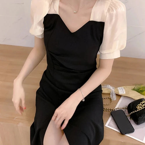 Load image into Gallery viewer, French Elegant Midi Dress for Women Puffer Sleeve Vintage Dress Female Sweet Party One Piece Dresses Korean Black
