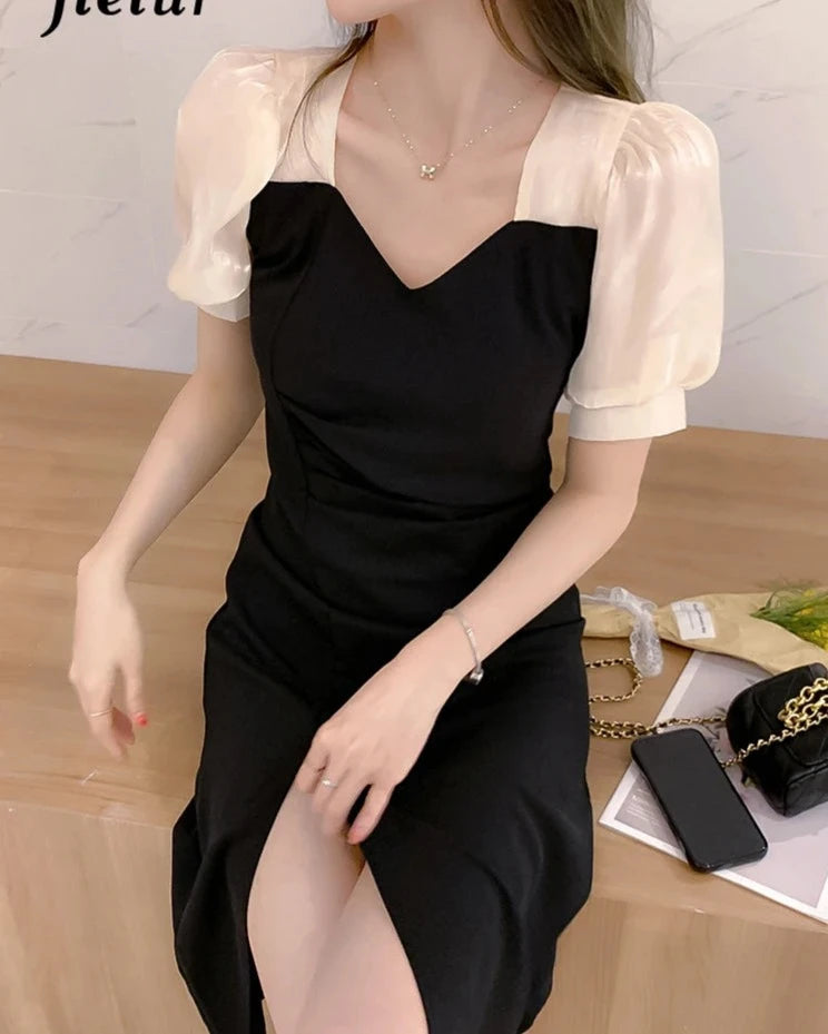 French Elegant Midi Dress for Women Puffer Sleeve Vintage Dress Female Sweet Party One Piece Dresses Korean Black