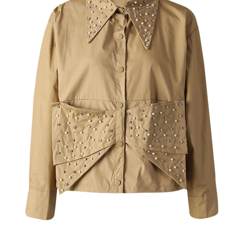 Load image into Gallery viewer, Women Pink Color Pearl Rhinestones Big Size Blouse New Lapel Long Sleeve Shirt Fashion Tide Spring Autumn 2025 CPG3257
