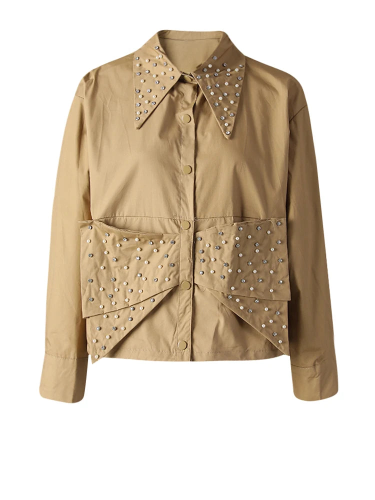 Women Pink Color Pearl Rhinestones Big Size Blouse New Lapel Long Sleeve Shirt Fashion Tide Spring Autumn 2025 CPG3257