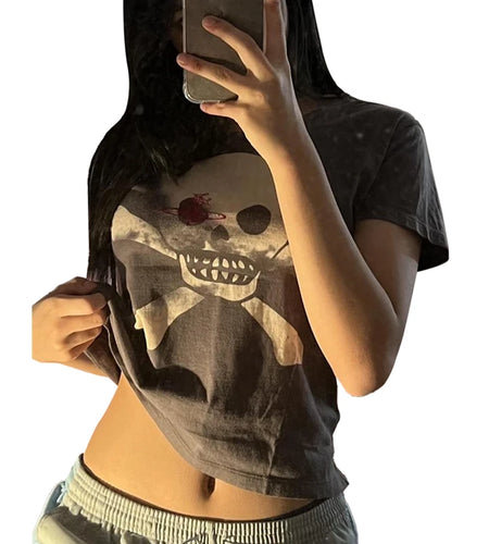 Xingqing 2024 Goth Crop Top y2k Women Academia Dark O Neck Short Sleeve Sweat Shirt Graphic Pattern Fairy Grunge Clothing