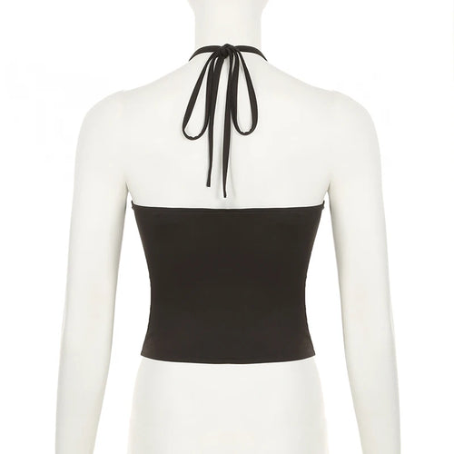 Load image into Gallery viewer, Vintage Chic Eyelet With Bead Lace-Up Halter Camis Women Brown Backless Summer Mini Cropped Tops Skinny Solid Clothes
