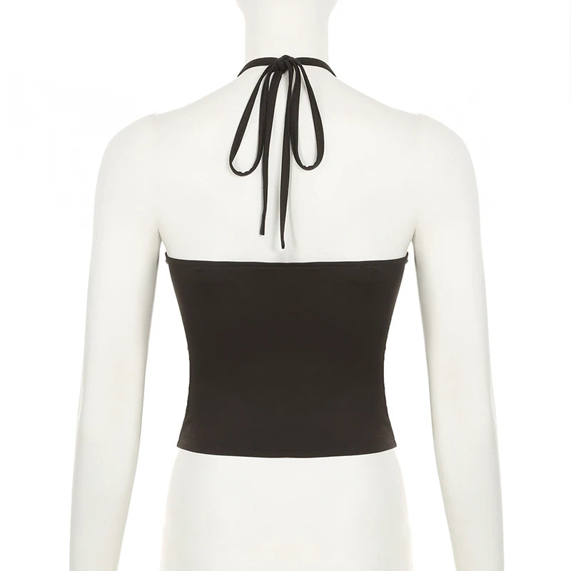 Vintage Chic Eyelet With Bead Lace-Up Halter Camis Women Brown Backless Summer Mini Cropped Tops Skinny Solid Clothes