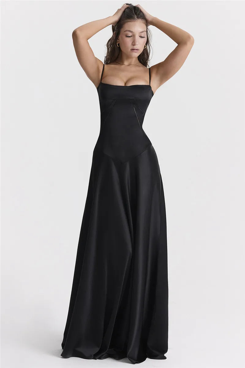 Lace-up Satin Maxi Slipdress Women Black Spaghetti Strap Sleeveless Backless Maxi Dress Femme Club Party Evening Dress