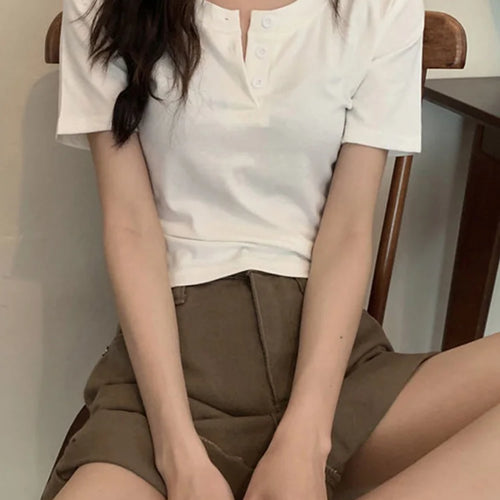 Load image into Gallery viewer, women t-shirt open button short Sleeve Crop Top Ladies Clothing 2024 Solid Basic T Shirt Casual Skinny White Slim Female Tops
