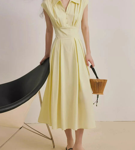 Solid Spliced Folds Temperament Dresses for Women Lapel Sleeveless Patchwork Button High Waist Dress Female Fashion