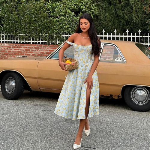 Load image into Gallery viewer, Summer Dress Women 2023 Green Lace Up Floral Print Dress Elegant with Boning Casual Party Holiday Dress High Quality
