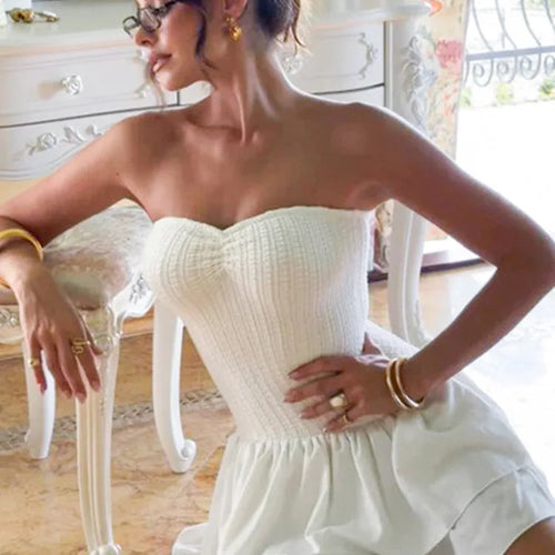 Load image into Gallery viewer, Off-shoulder Strapless Sexy Mini Dress For Women White Spaghetti Strap Sleeveless High Waist A-line Cake Dress Vestido

