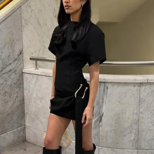 Load image into Gallery viewer, Short Sleeve Draped Sexy Mini Dress For Women Black Metal Buckle O Neck High Waist Bodycon Club Dress Vestido Clothes
